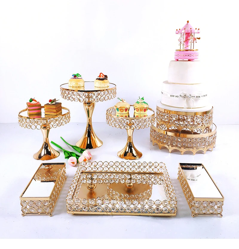 Wedding Birthday Party Dessert Cake Base Display Gold Glass Metal Crystal Mirror Cake Stand Set