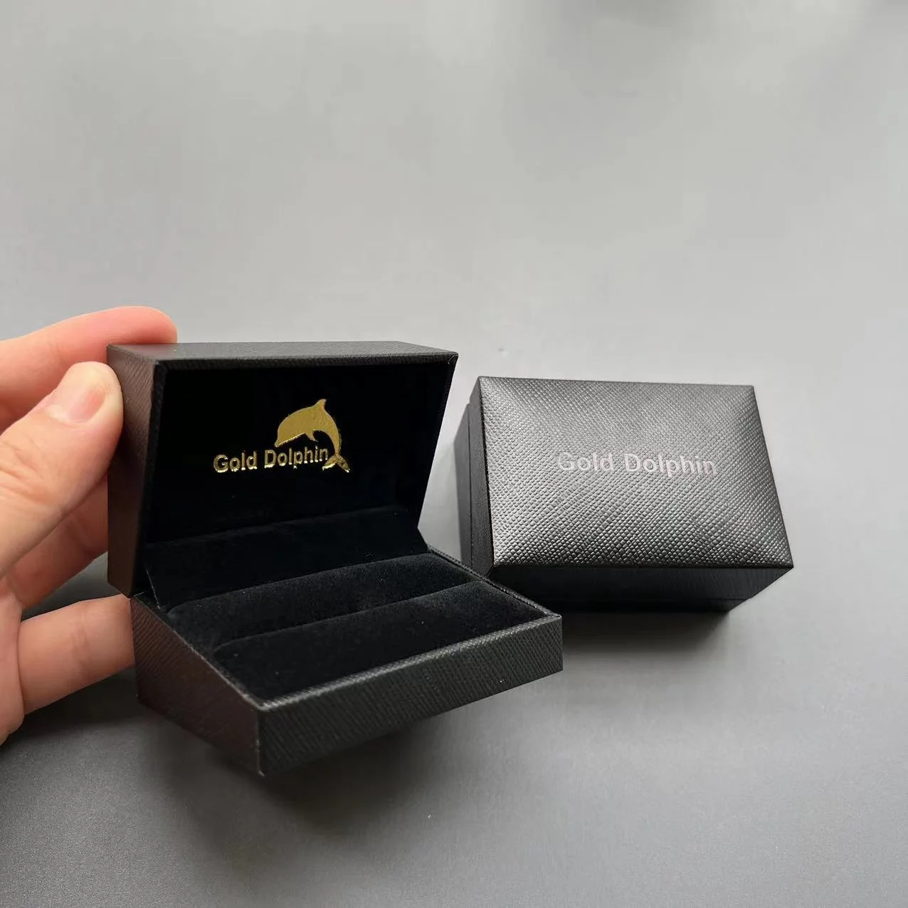 Luxury Personalized Logo Black Jewelry Ring Box With Black Print Logo With Hinge Closure For Ring Earring Gift Paper Box