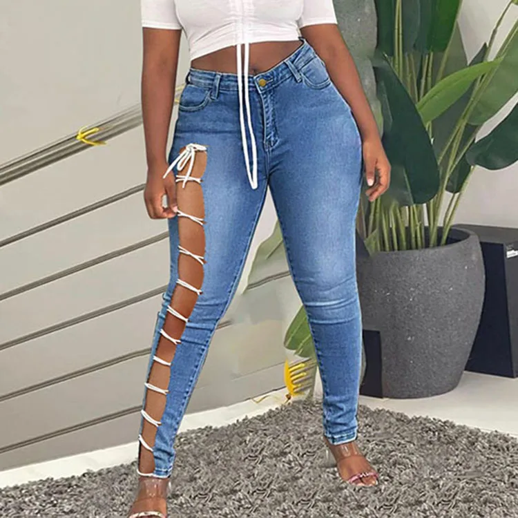 2021 Women Sexy Popular High Waist Bandage Pierced Design Plus Size Patchwork Denim Pants & Jeans