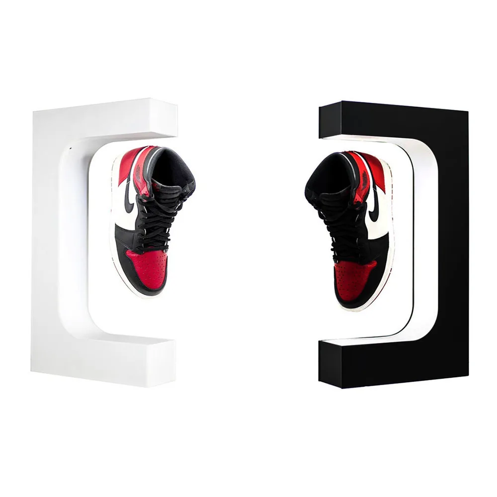 Shoe display floating cabinet metal wood slatewall shelf table levitating lamp LED oval shoe levitation stand