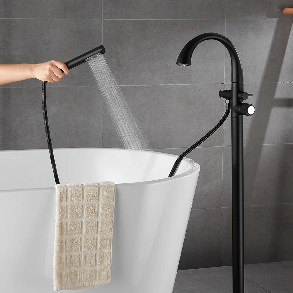 Black Led Free Standing Floor Mount Bathtub Faucet Shower Mixer Faucet Tub Spout With Shower Head