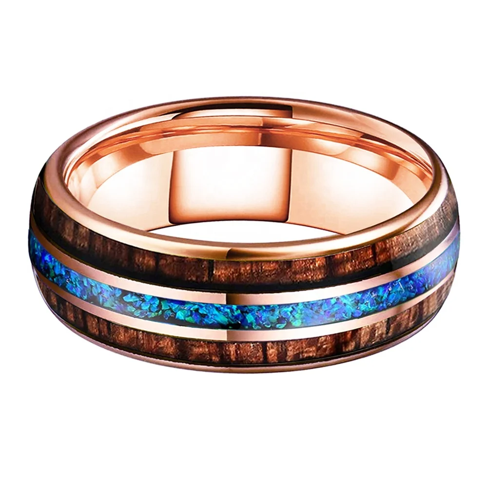Coolstyle Jewelry 8mm Blue Opal Koa Wood Inlay Rose Gold Tungsten Carbide Ring for Men Women Fashion Wedding Band Comfort Fit