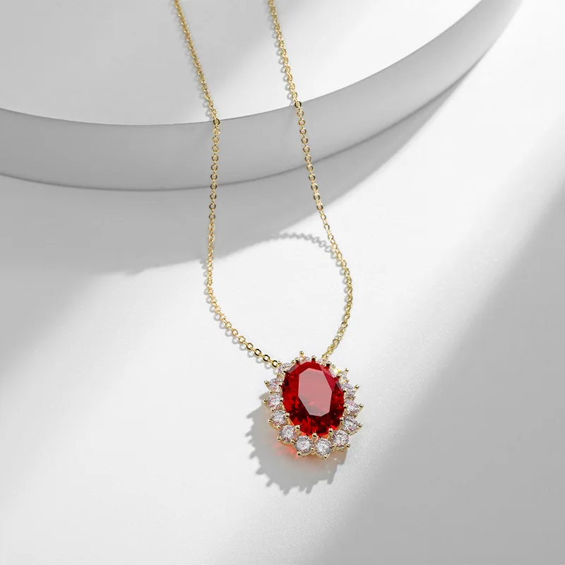 Wholesale Fashion Jewelry Red Diamond Necklace 925 Sterling Silver Crystal 18K Gold Plated Zircon Pendant Gift For Women