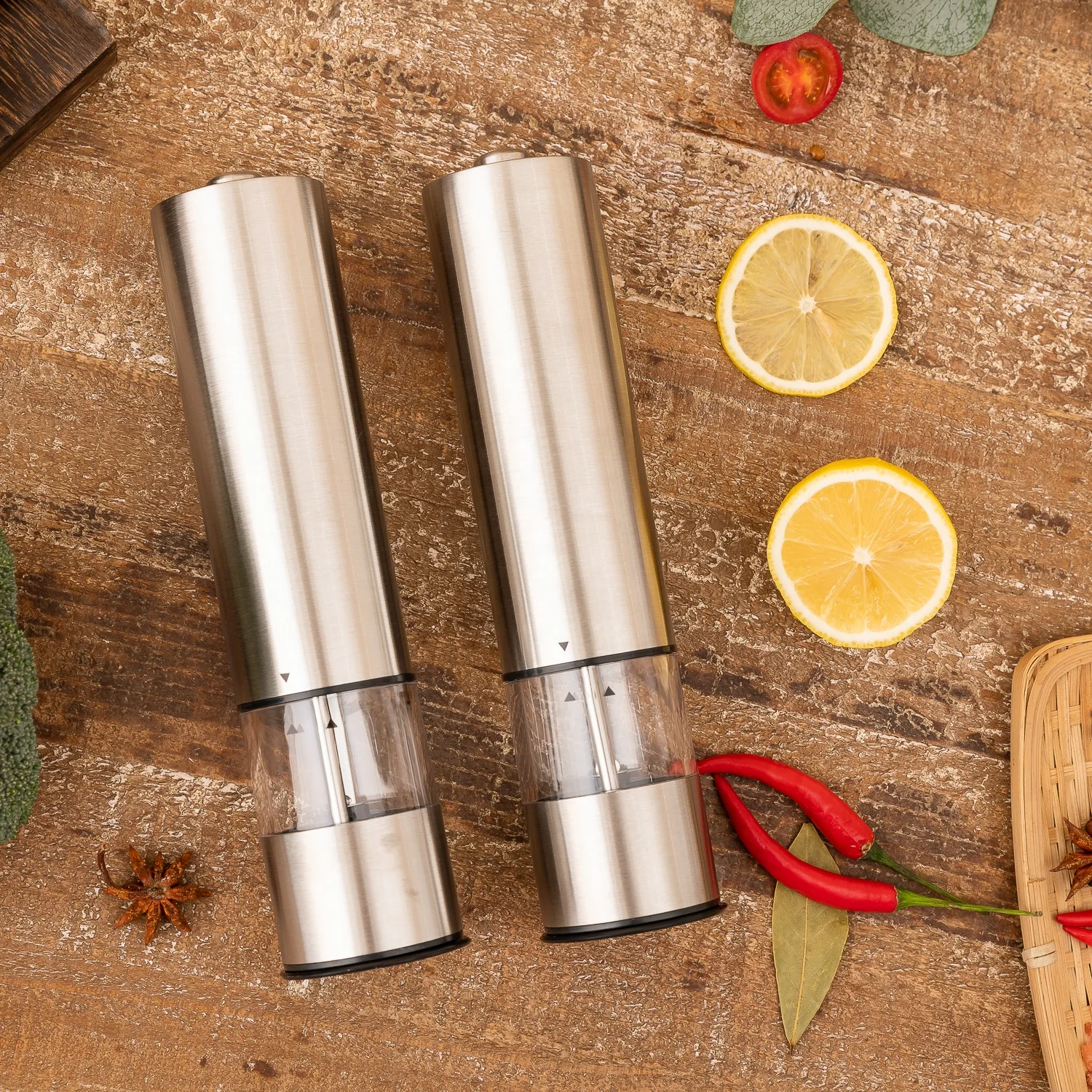 Electric Pepper Mill Set with Stainless Steel Stand Pepper&Salt Grinder Set