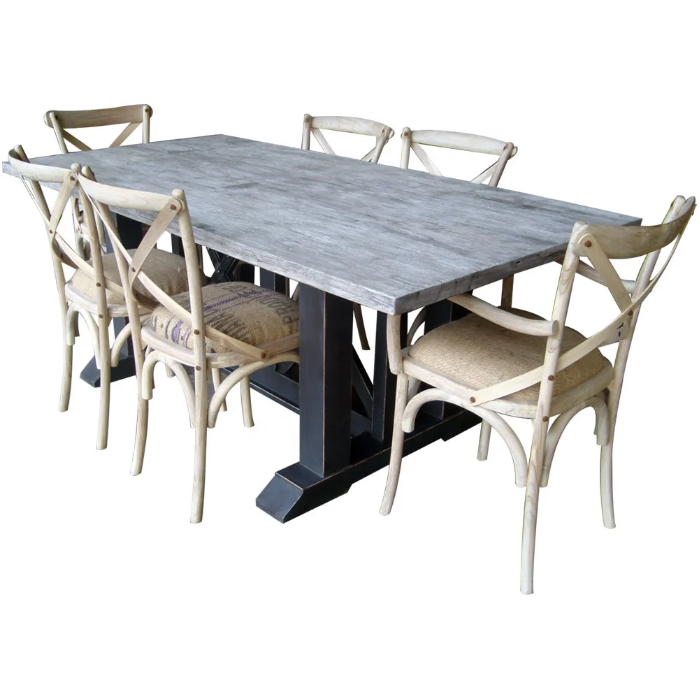 Comfortable Antique-Style Wooden Dining Table Set with Cross Legs Sturdy and Rustic for Outdoor Use Includes Six Chairs
