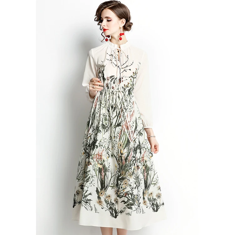 Elegant temperament pleated lace-up round neck printing long-sleeved lantern sleeves waist A-line long one-piece dress