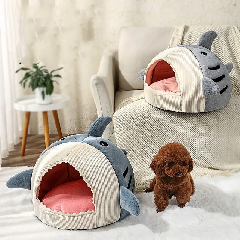 Semi-enclosed Cute Cartoon Shark Shape Cat Kennel Winter Warm Pet Bed Soft Plush Pet Supplies Pp Cotton Filled Dog Cat House