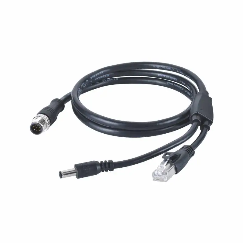 M12 A-Code male connector 8pin molded Cat 5e cable Y-Split to 5.5x2.1 DC male plug and RJ45 8P8C male plug