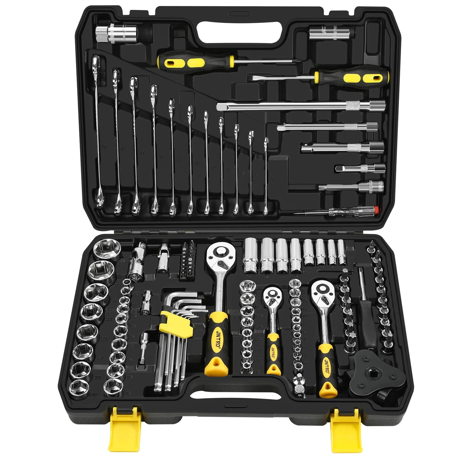 JNTRD 121pcs black Tool Kit Box With 1/2 3/8 1/4 Drive Deep Hand Tool Sockets Set With 24T Ratchet Tap Wrench