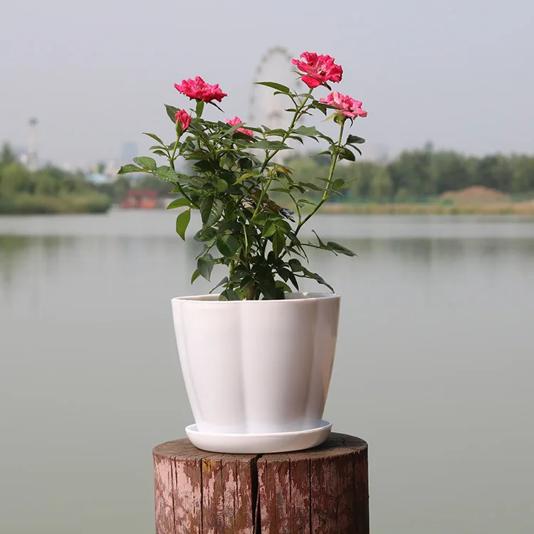 New Resin Petal Pot Round Porcelain Imitations Pot Pumpkin Type Vertical Pattern Plastic Flower Pot