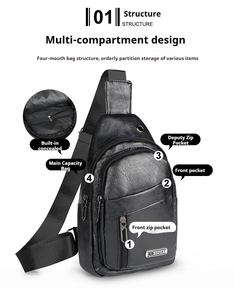 Retro Fashion PU Leather Chest Bag Large Capacity Waterproof Chest Bag Outdoor Headphone Jack Design Chest Bag