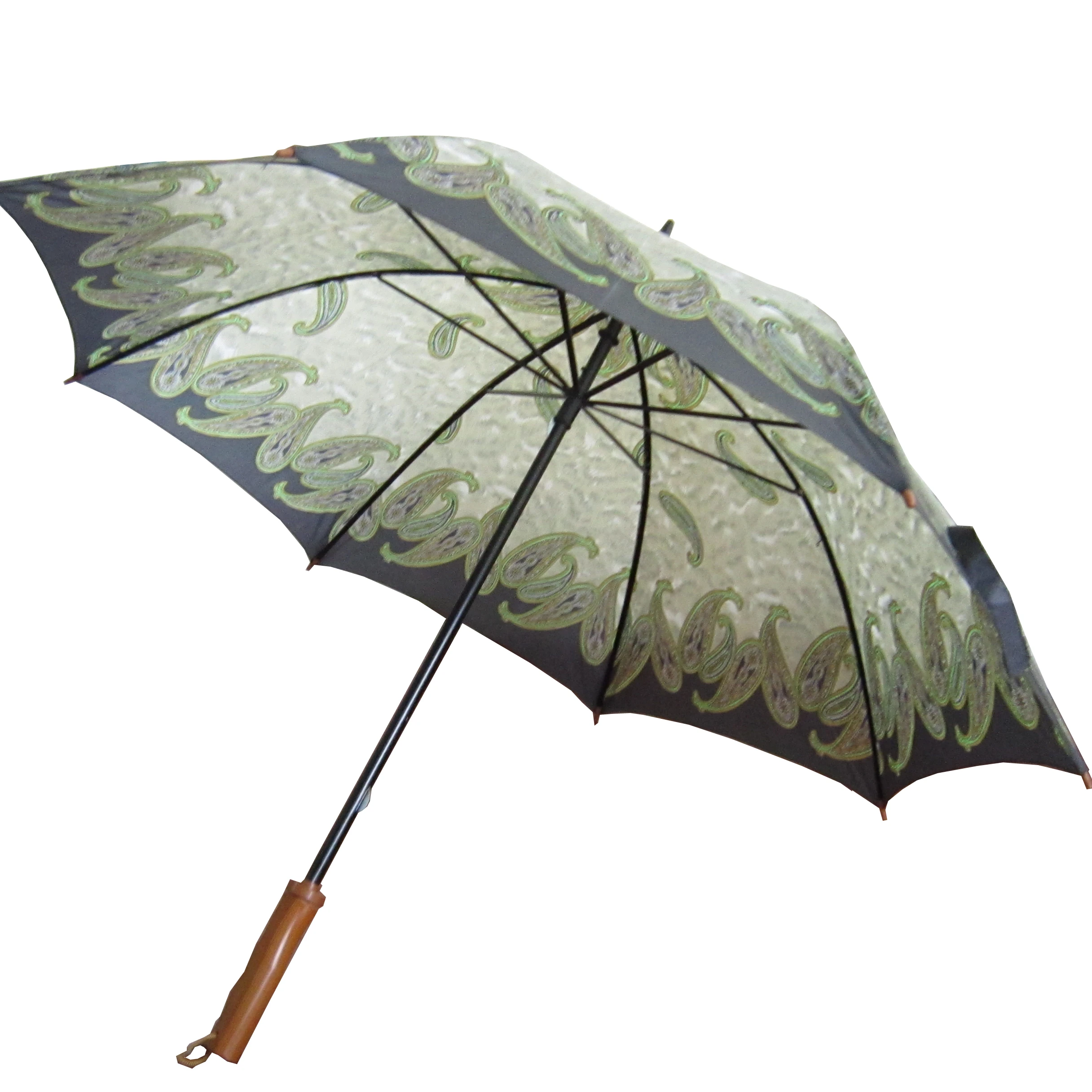 60cm *8k polyester printing leaves wood handle manual open straight umbrella
