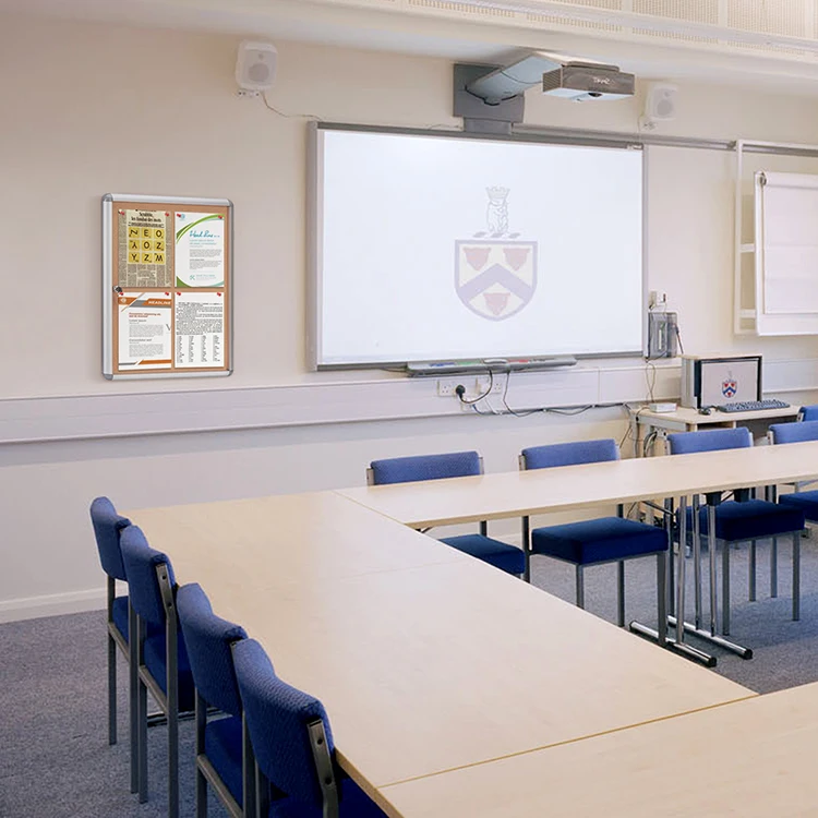 LENAN office wall mount aluminum frame cork showcase indoor lockable notice pin board enclosed bulletin board with door