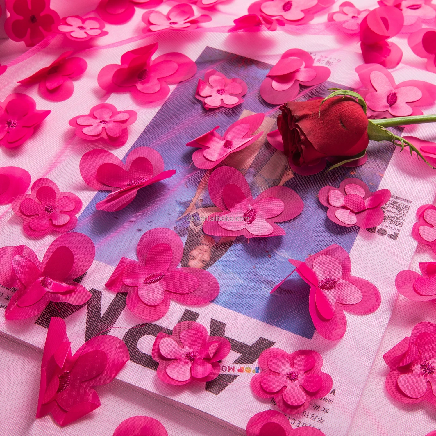 3D Floral Embroidery Tulle Fabric Recycled Polyester Tulle Wedding Dress Tulle Custom Fabric