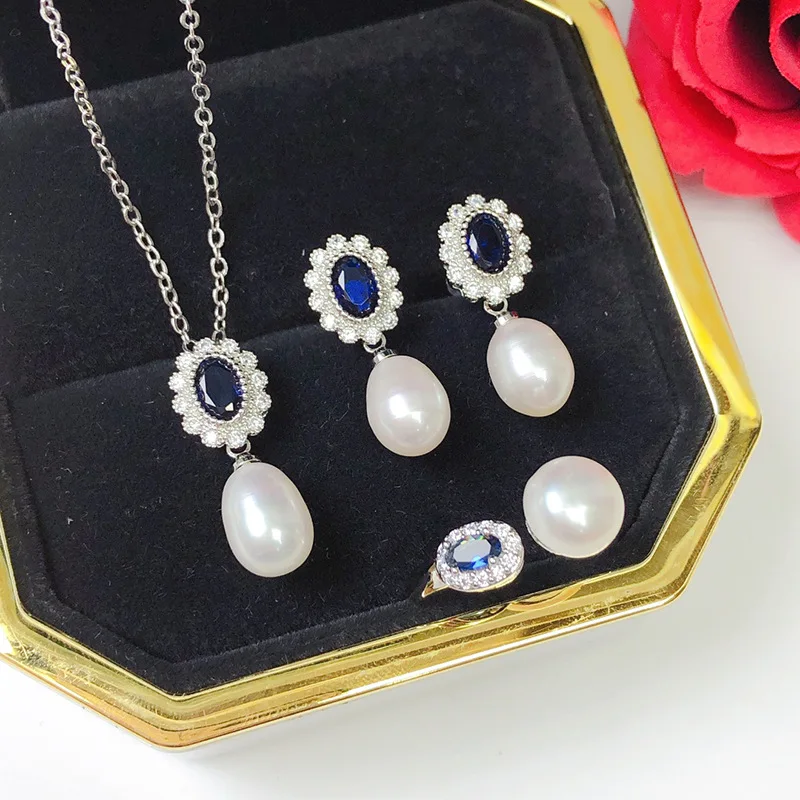 Fashion high quality Blue zircon bride Natural 7-8MM Freshwater Pearl Necklace Earrings Ring 3pcs jewelry set