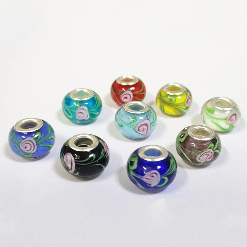 Lampwork Large Hole Silver Foil 12mm Glass Loose Beads DIY Jewelry with Mixed Color Glass Inner Flower Beads