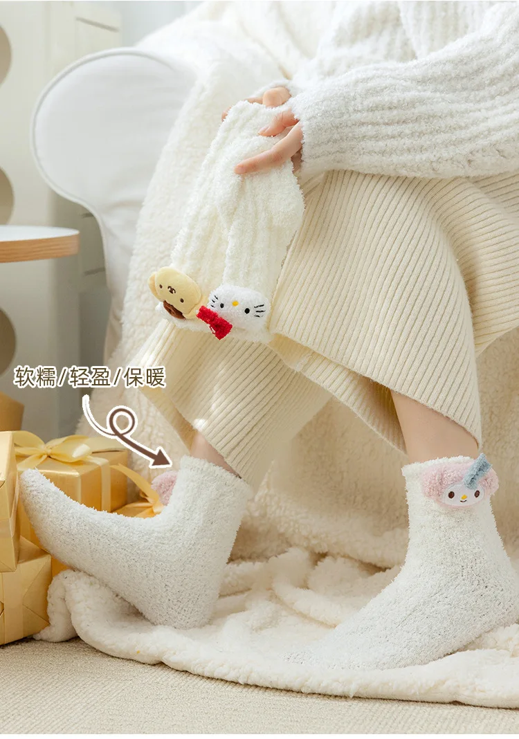 Manufacturer Wholesale High Quality Cartoon SanrioHello Kitty Socks Coral Fleece Socks White Lolita Cute Cartoon Sleep Socks