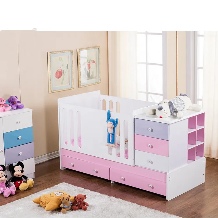 pink color high quality baby wood crib  barrier bed set 2 in 1 in turkey for kids have a good rest