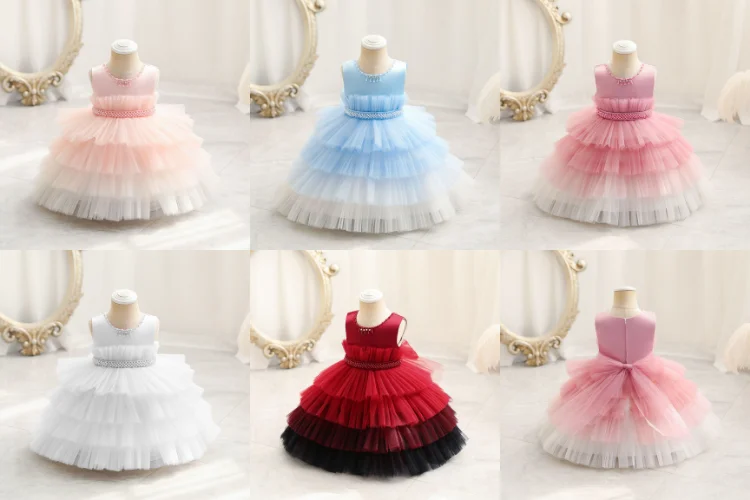 Милое детское плиссированное платье из тюля без рукавов с жемчужным поясом и цветным градиентом Многоярусное для торта принцессы на день