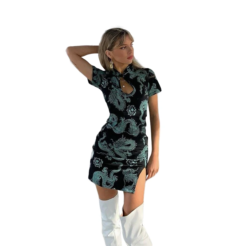 D1736869 Traditional female slim cheongsam ropa mujer summer sexy hollow out printing banquet suit mini dress