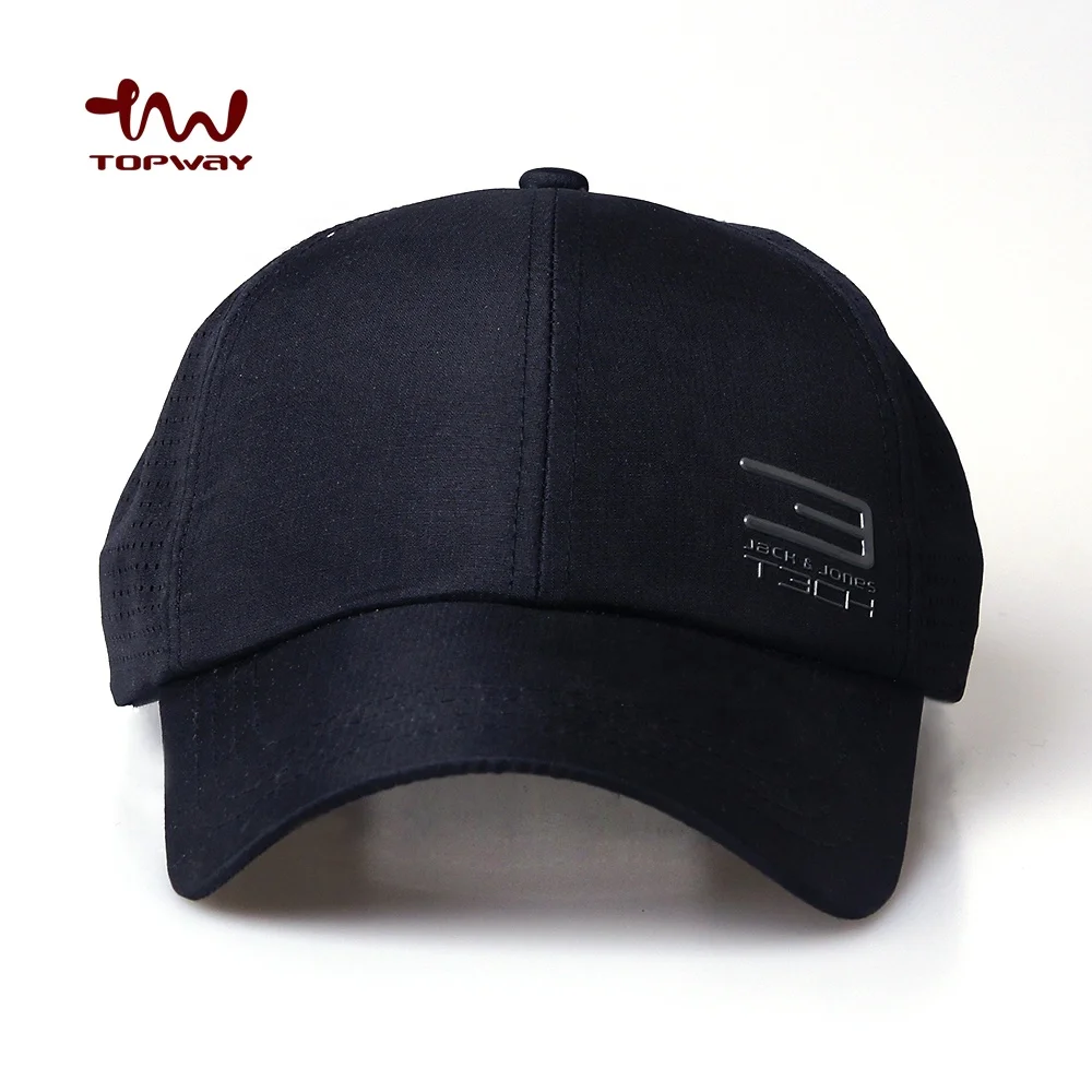 High Quality Solid Color Black Hat Custom 6 Panel Sports Baseball Cap With Sliver Color Embossed Rubber Logo