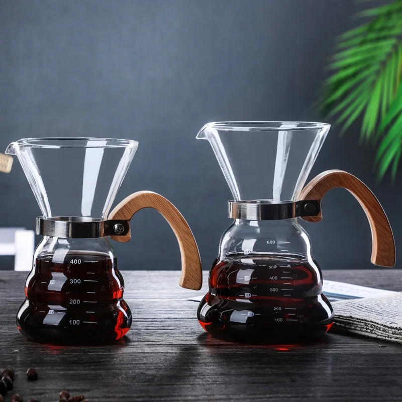 Hot Sale Coffee Glass Pot Coffee Drip Pot Borosilicate 2 cup 4 cup coffee pot With Wooden Handle And Stainless Steel Filter