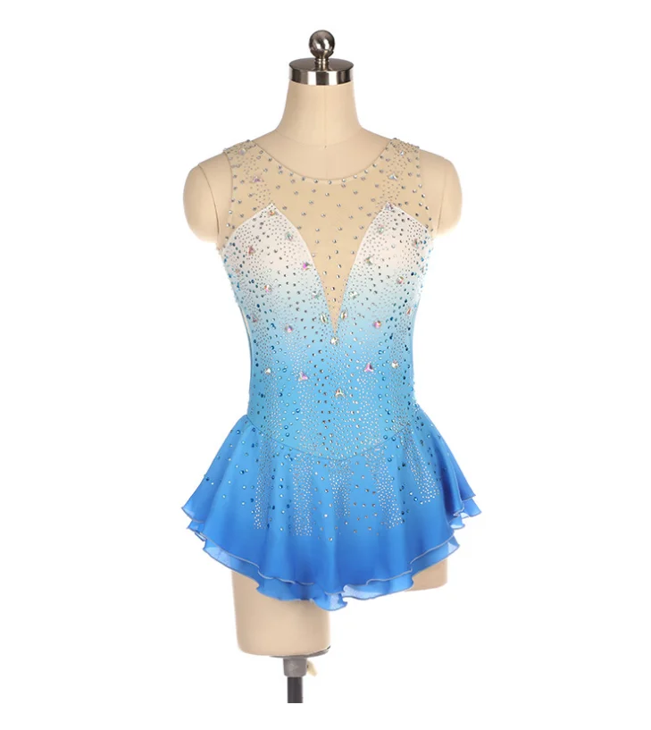 
Figure skating show suit custom competition light blue gradient diamond Competitive Dance 