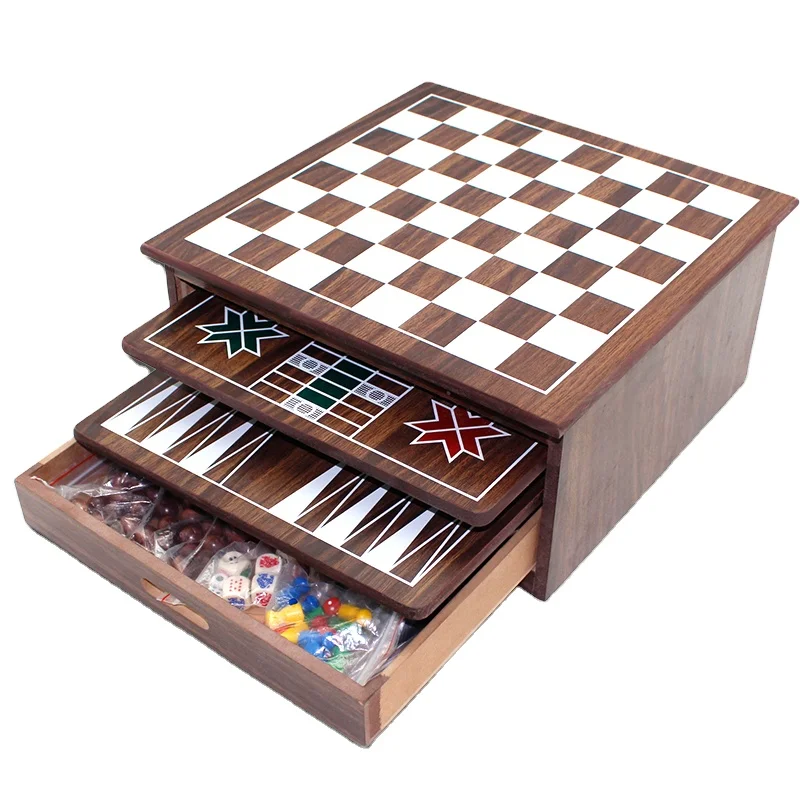10 in one multifunction wooden chess set board game set in a wood box with chess checker backgammon mikado domino poker dice