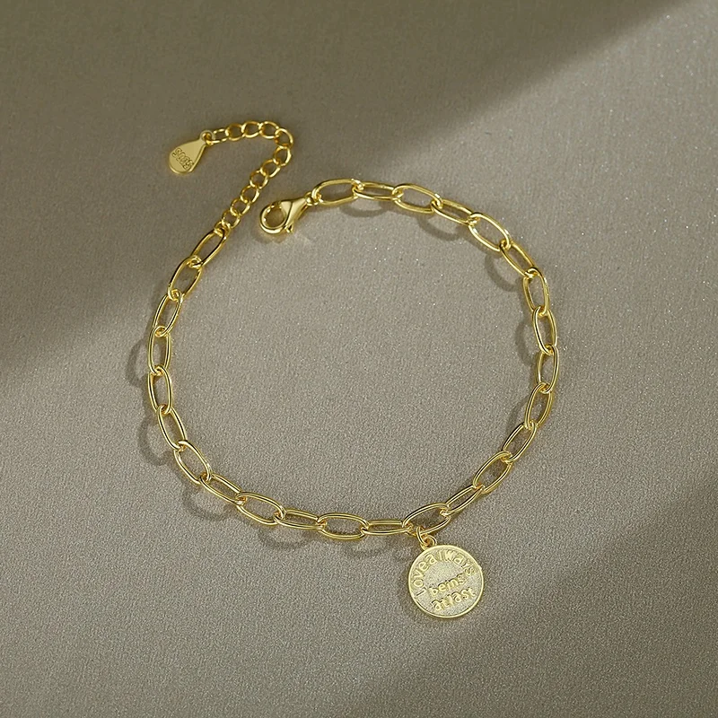 YINSAKI 925 Silver 18K Gold Plated Message Coin Charms Engraved Bracelet Customized Personality Letter Bracelet