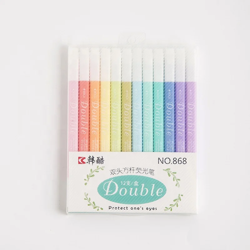 Double headed candy colored fluorescent pen, 12 color set, color fluorescent marking for key students,highlighter