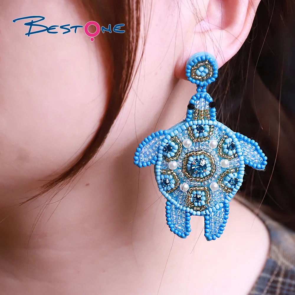 Bestone Customizable Pattern Summer Turtle Seahorse Dolphin Marine Animal Beaded Embroidery Earrings for Girls Vacation