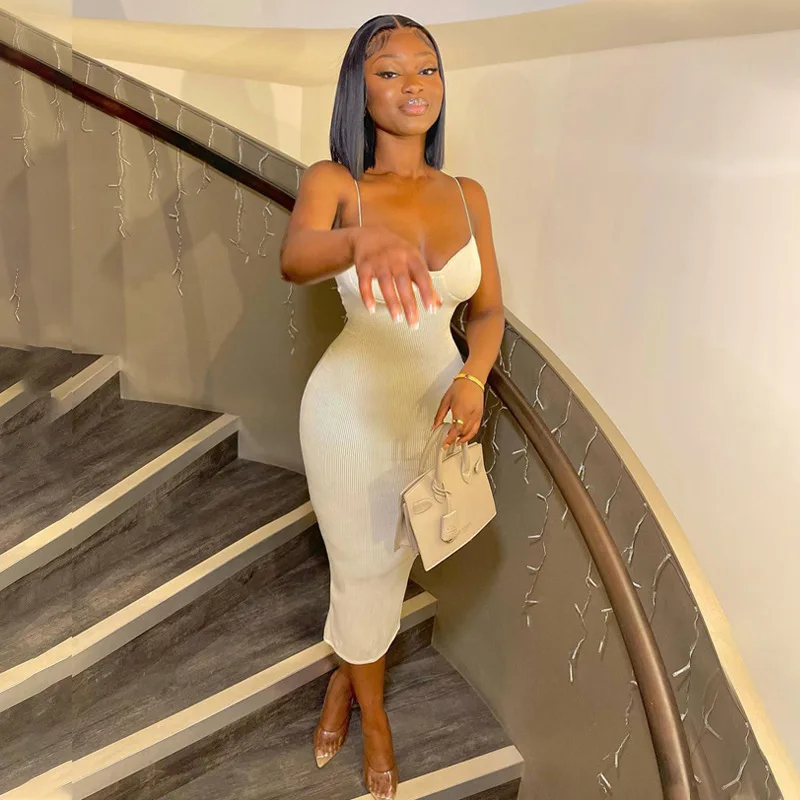 KL7448 летние однотонные Сексуальные облегающие Клубные платья-миди на бретелях с V-образным вырезом и открытой спиной для женщин