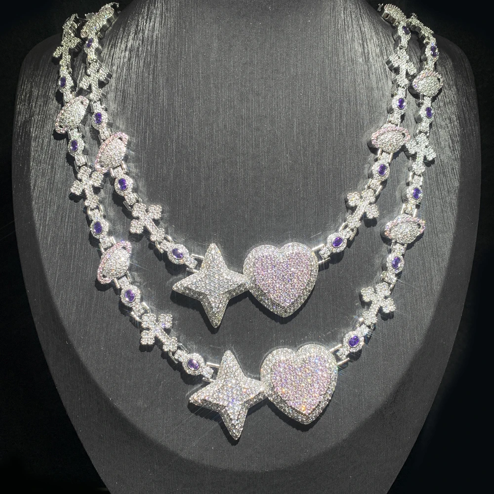 New Arrived Iced Out Bling Men Jewelry Rhodium Plated Cross Star Heart Earth Various Charms Link Chain Hip Hop Necklace