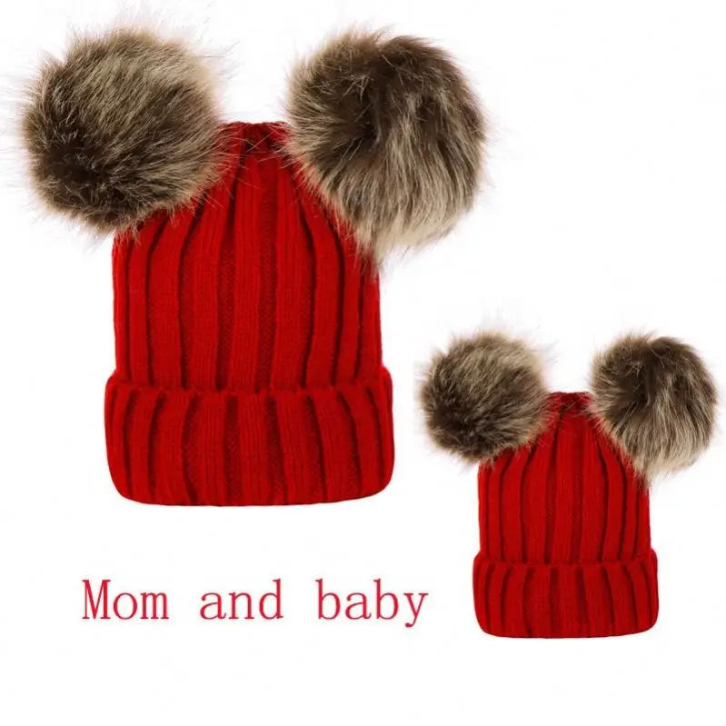 New fashion Cute baby winter warm hats double ball knitted hats for mommy and me  pompom beanies wholesale M0220