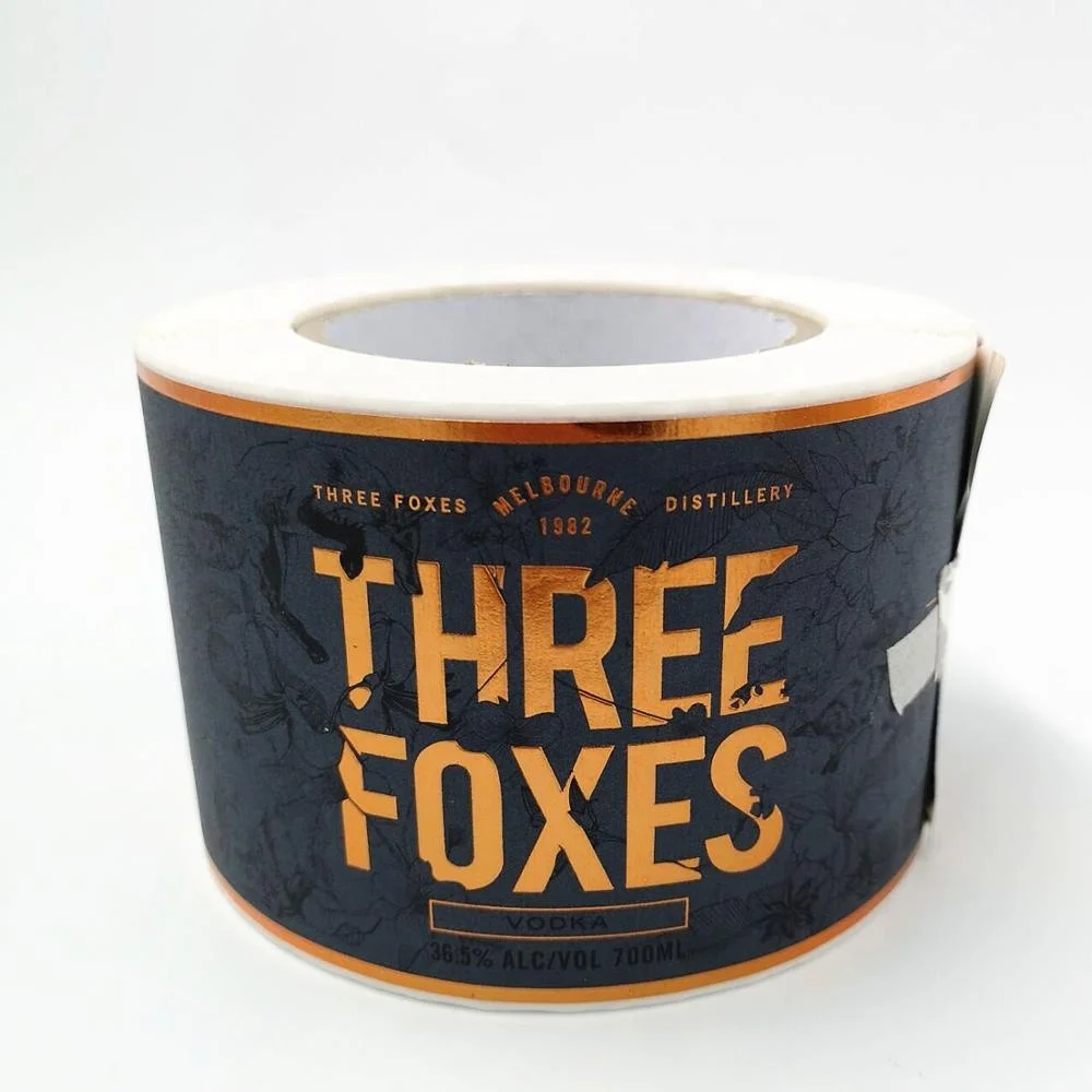 Custom Made Arancita Vodka Three Foxes Dry Gin Gold and Copper Foil and Spot UV Dark Blue Bar Code Wine Labels