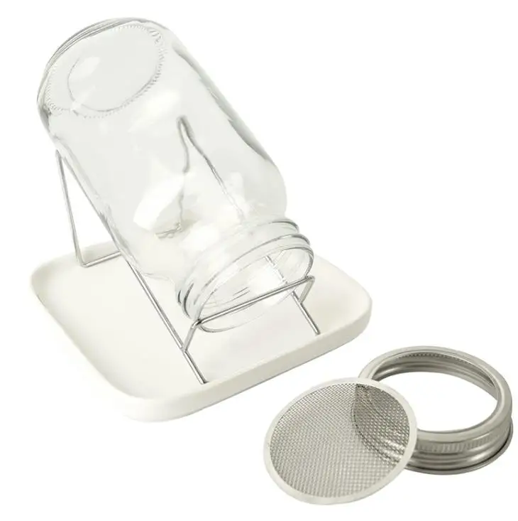 Mason Sprouting Jar Lid With Tray Set White Ceramic Plate And Metal Stand For Filtering Glass Seed Storage
