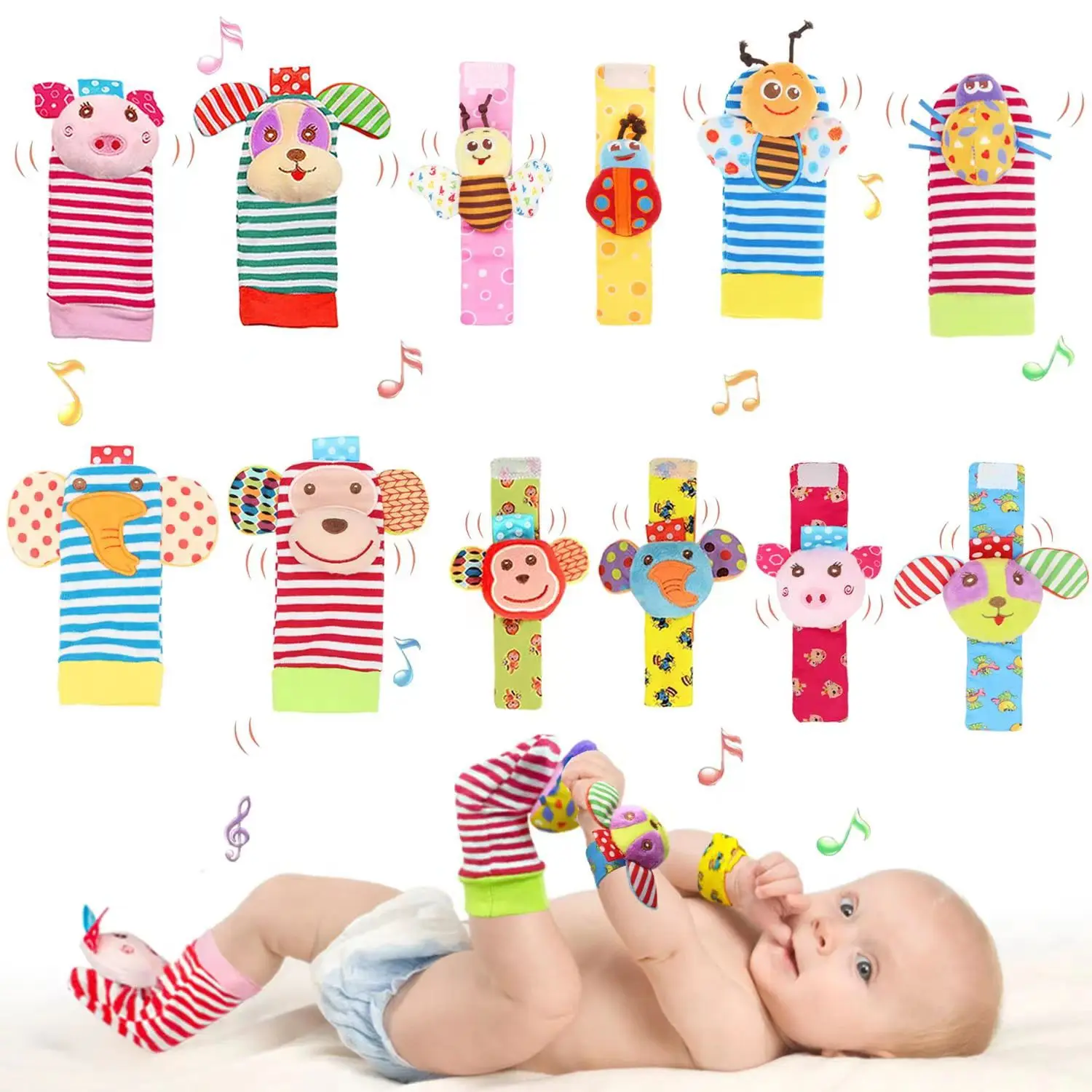 Newborn Cartoon Animal Rattle Toys Wrist Strap Sock Set Cute Bell Baby Rattle Socks
