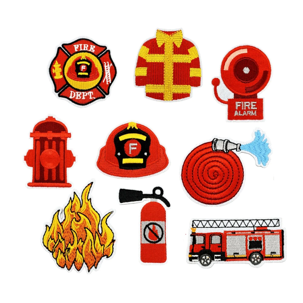 lovely red firemen fighting truck fire alarm extinguisher design iron on embroidered kids patches
