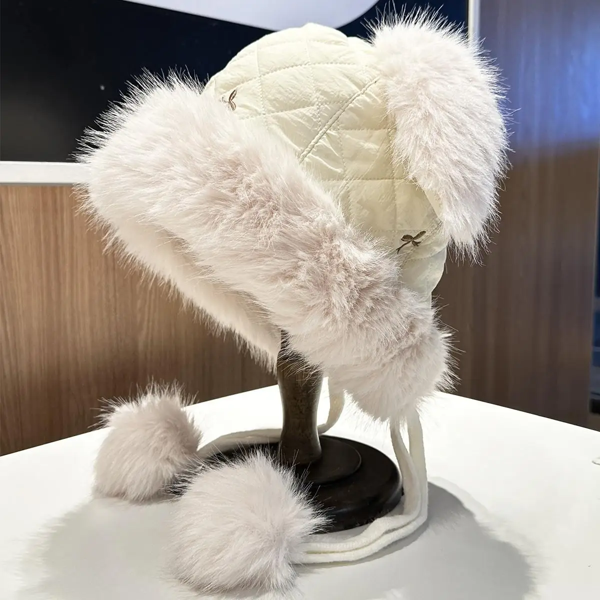 Women Faux Fur Beanie Hat with Pompom Cute Rabbit Ears Hat Fluffy Beanie Cap Crochet Skull Cap