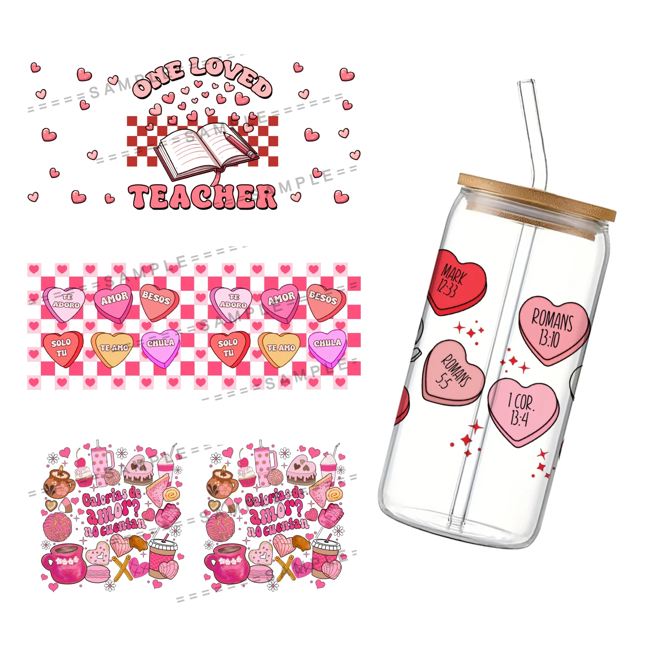 Forever Love Series Printed Pattern UV DTF Transfers Stickers  For 16oz Glasses Cups