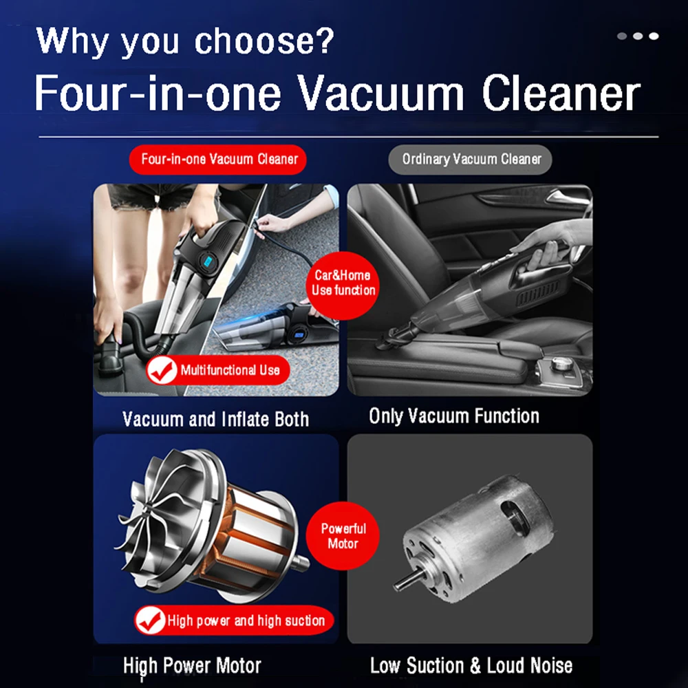 12V Cordless Digital Tire Inflators Pump Portable 4-in-1 Vacuum Cleaner with Compressor for Car Home Cleaning