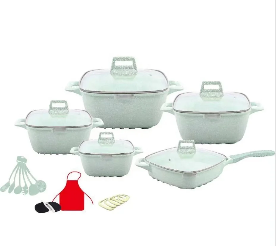 hot selling 25pcs square aluminum alloy ceramic marble decoration non-stick kitchen pot ware