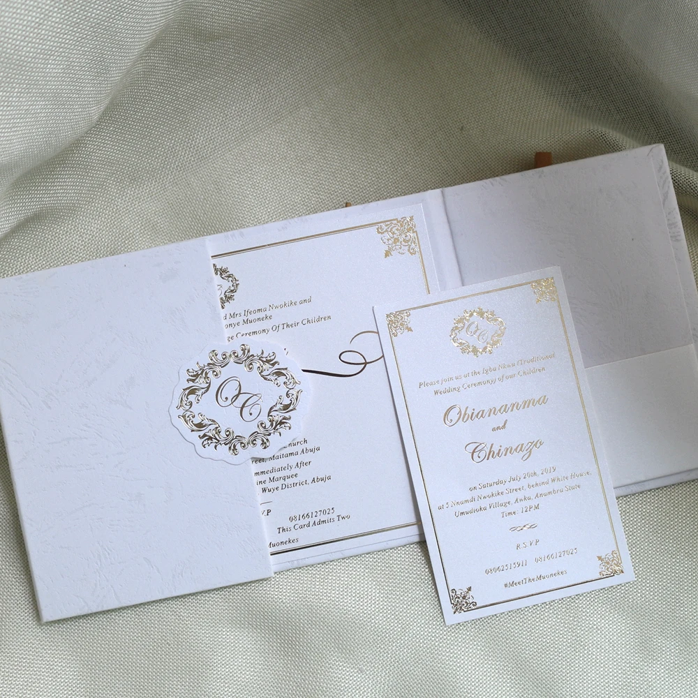 White Color Tag Decoration Gatefold Hardcover Invitations Wedding Invite with Pocket
