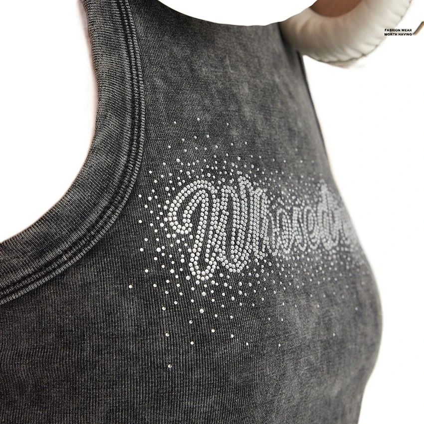OEM Hot Custom Logo Summer Lady tank top rhinestones washed acid White Black Ribbed Crop Tank Top for Women