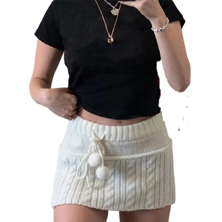 Women fall winter clothes Outfits sweater skirt cute sexy cable rib knit high waist aline Pom Pom mini Skater sweater Skirts