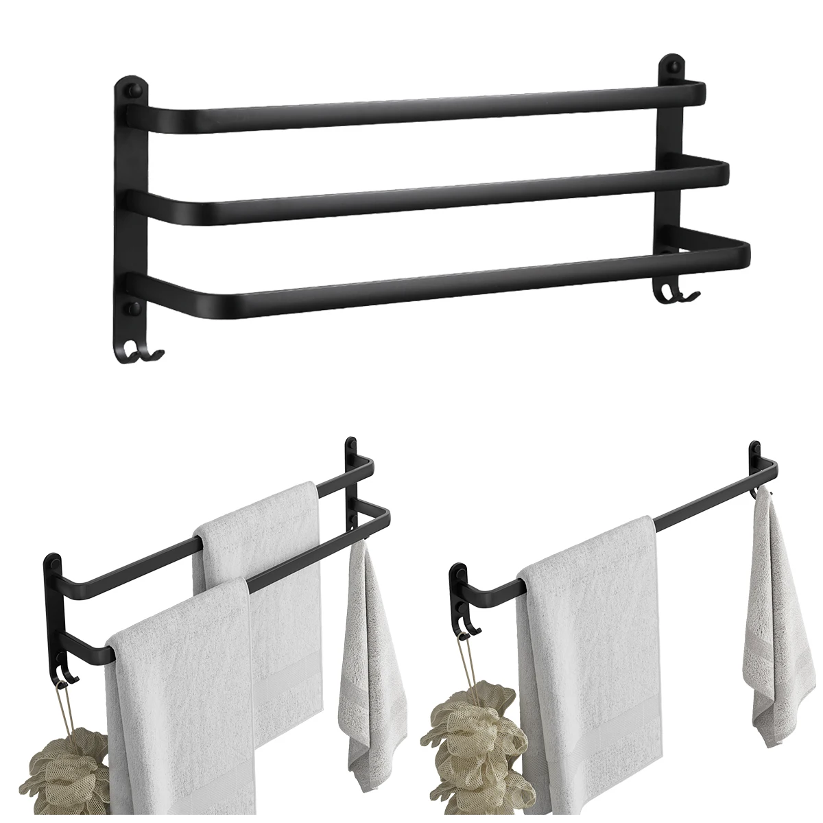 Bathroom Toilet Wall Mounting Black 1/2/3 Towel Bar Holder Set