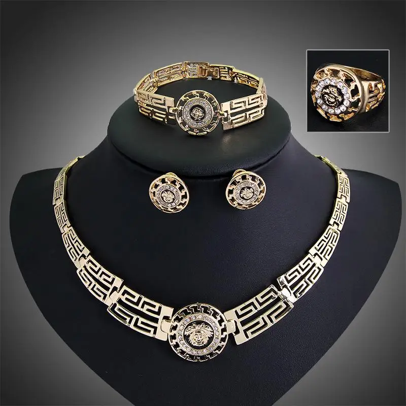  Vintage Charming Euramerican Round Necklace Earring Bracelet Ring Set for Women 4-Piece