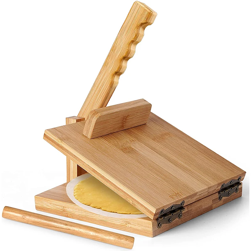 Tortilla Press Roti Maker with Rolling Pin Large Bamboo Wood with 10 Pieces Parchment Paper for Homemade Tortilla Roti Empanadas