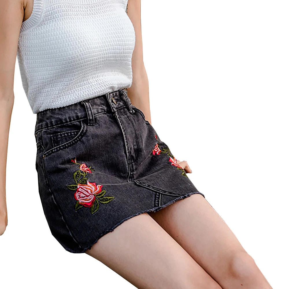 sexy skinny women embroidered denim mini skirt   black classic Floral Embroidered Jeans A Line Skirt