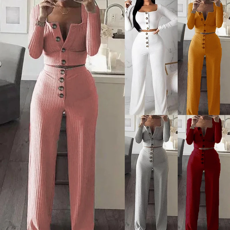 Autumn new arrive Fashion Long Sleeve Cardigan Slim Buttoned Casual Suit Pants Two Piece Set